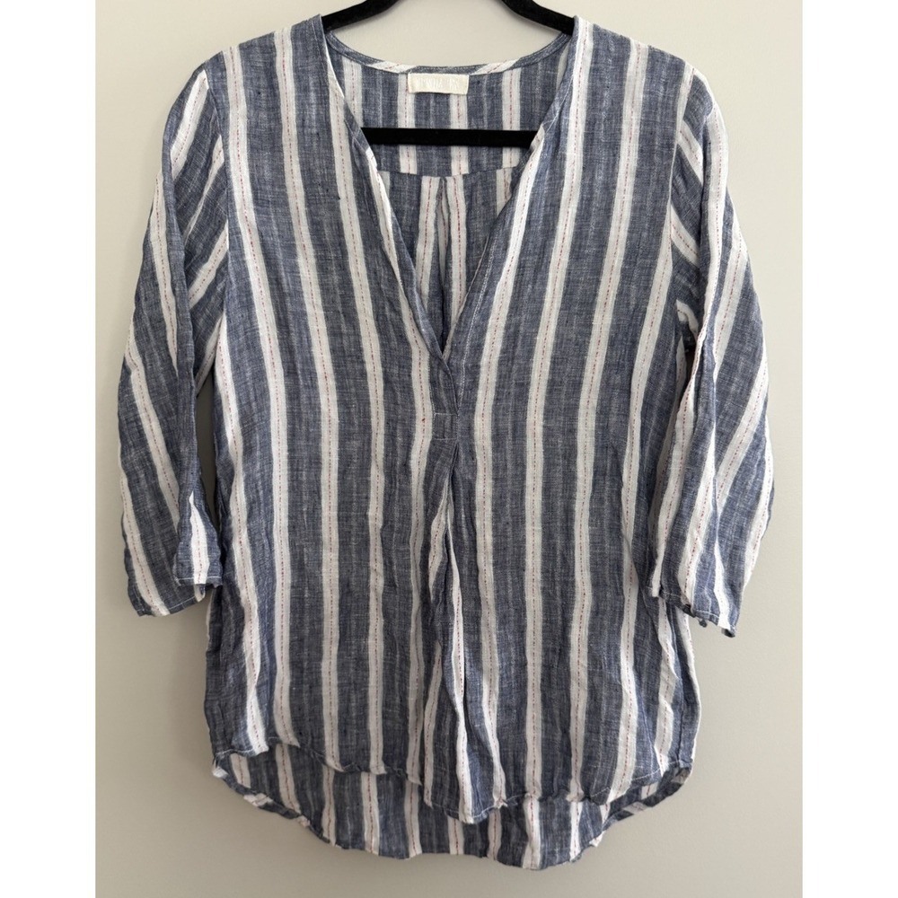 CP Shades Blue White Striped 100% Linen Tunic Blouse Lagenlook Womens Size Small